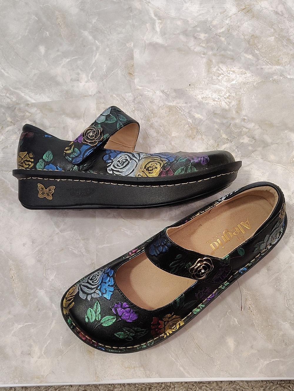 Alegria Black Floral Mary Jane Clogs with Multicolor Rose Print